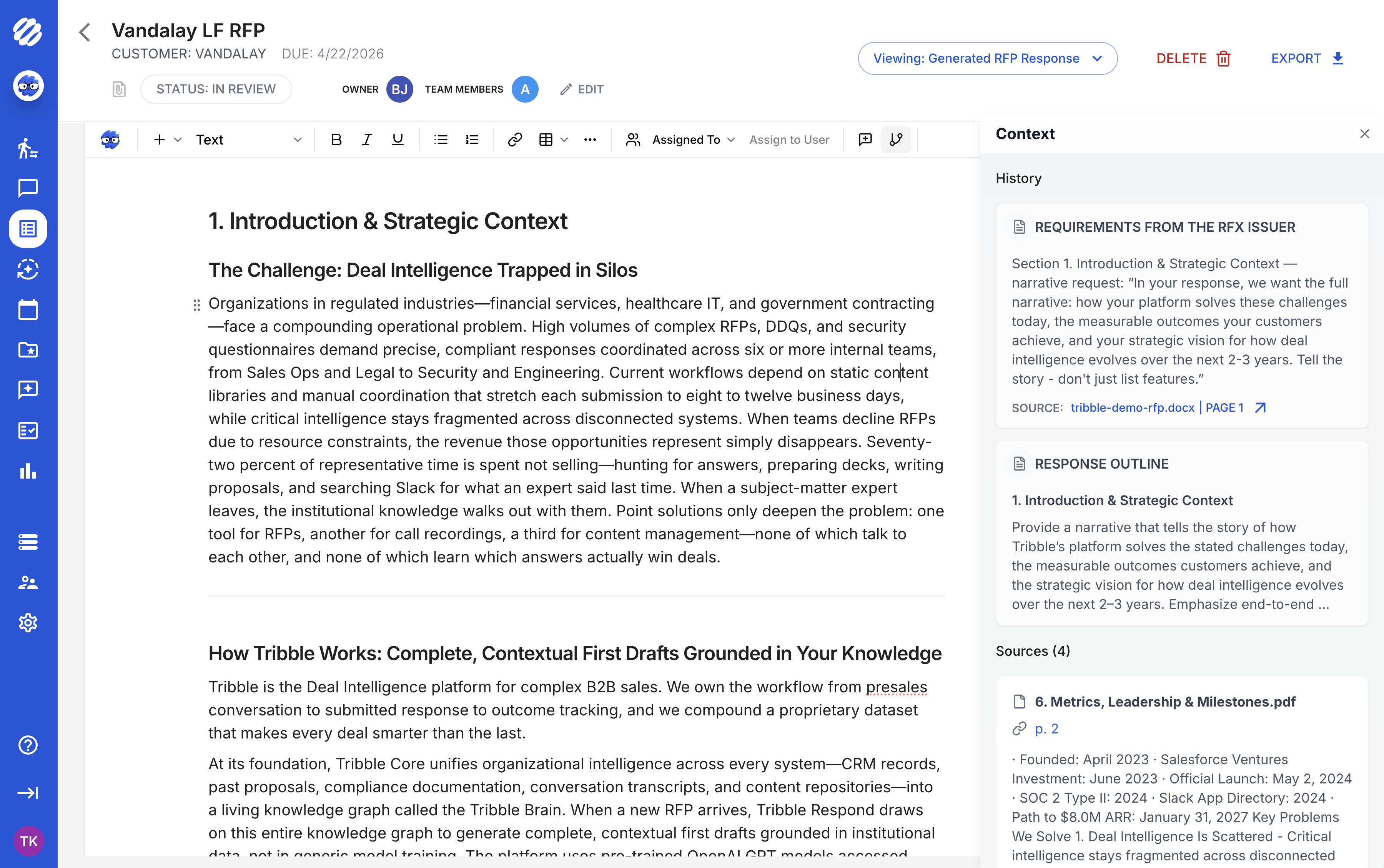 Tribble response editor showing source context and review evidence